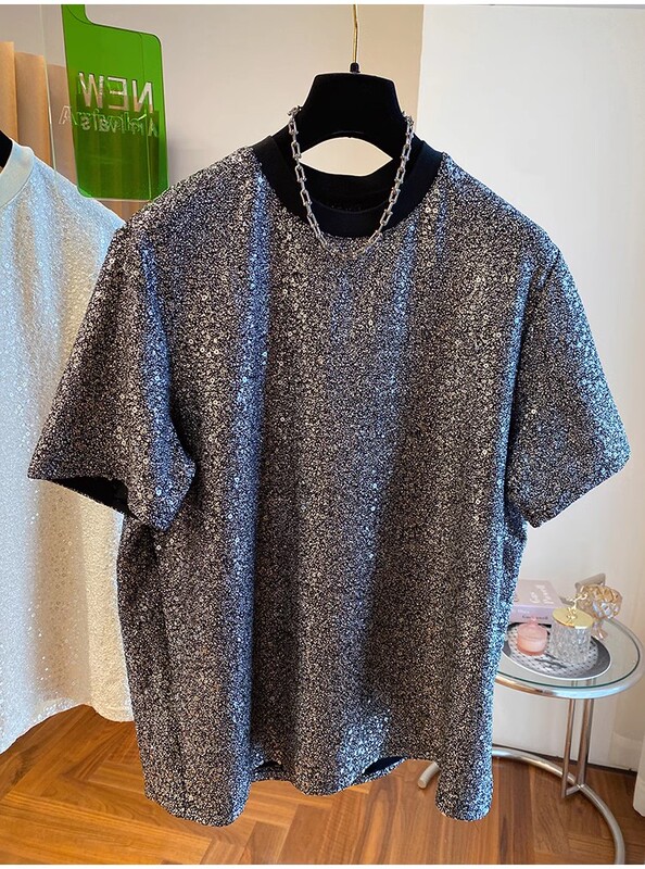 European and American Retro Sequin Rhinestone Short-Sleeve T-Shirt Top for Men and Women, Loose-Fitting Base Shirt, New Summer Half-Sleeve T-Shirt