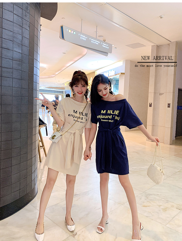 VK旗艦店 韓系時尚字母斜肩綁帶短袖顯瘦T恤短袖洋裝