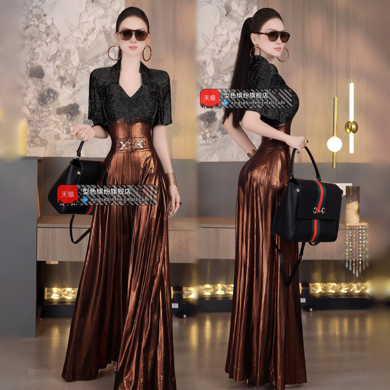 Summer Fashion Designer Color-Blocked Jumpsuit 2026 New Style Elegant and Professional Waist-Cinching Pleated Wide-Leg Jumpsuit