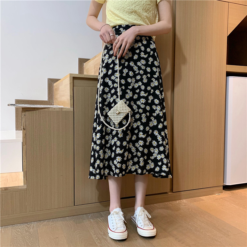 145 small chiffon skirt female 150cm short tall 155 floral daisy spring and summer midi skirt xs
