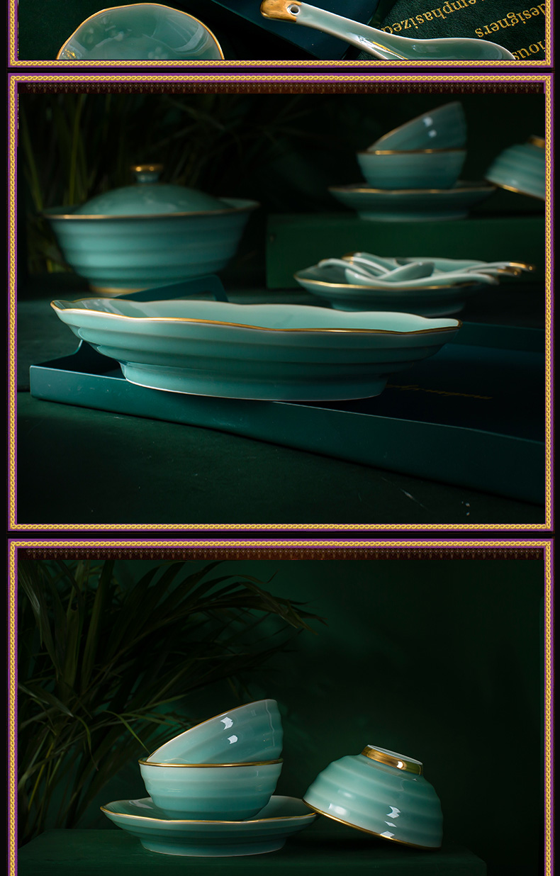 Chinese tableware suit household colored enamel porcelain bowl celadon dishes suit jingdezhen celadon jade porcelain tableware