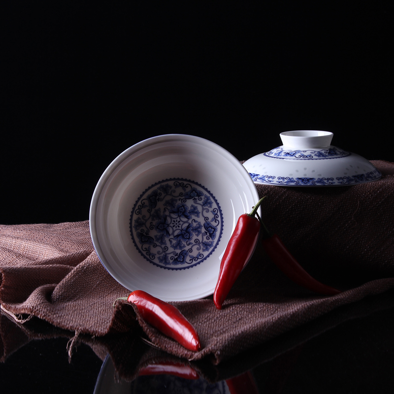 Jingdezhen ceramic and red xin 】 【 device under the blue and white glaze color tableware suit preservation bowl with cover plate