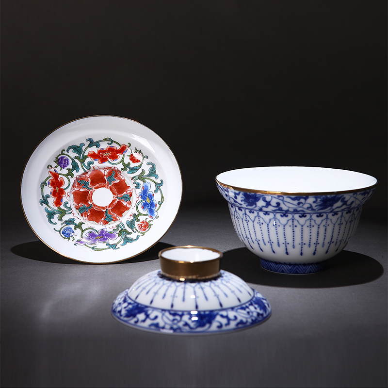 Red xin porcelain jingdezhen ceramic bowl is pure manual kung fu tea cups porcelain fu lu shou three bowls