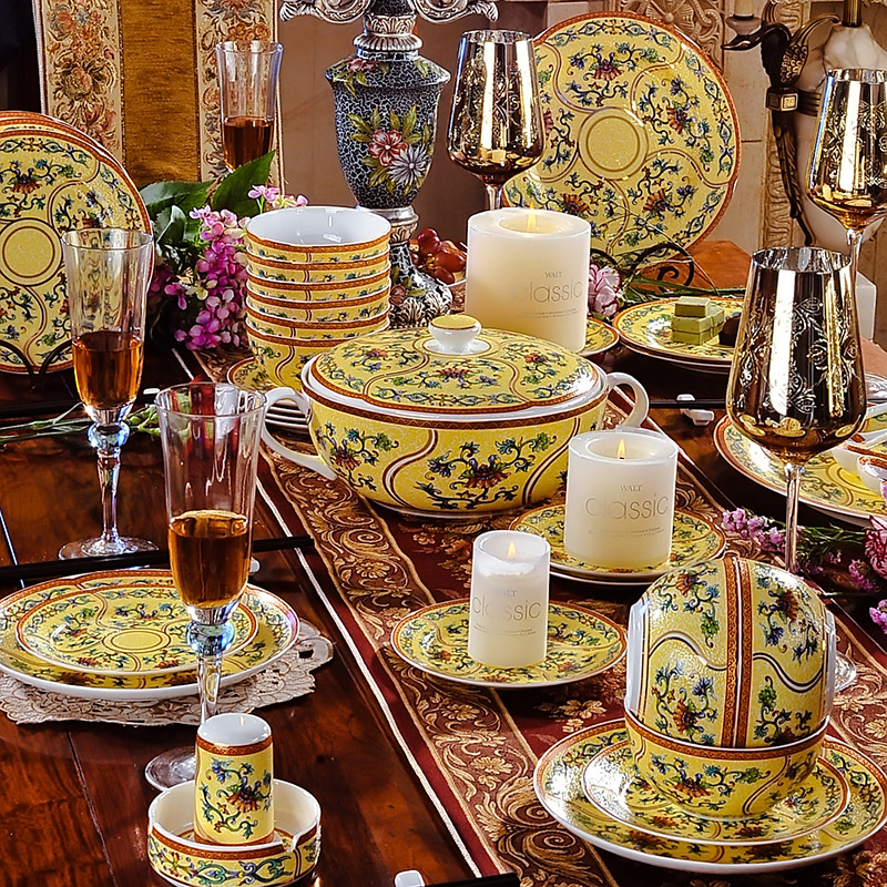 Qianlong ocean see colour 56 】 head jingdezhen tableware suit enamel pastel color yellow antique tableware bowls