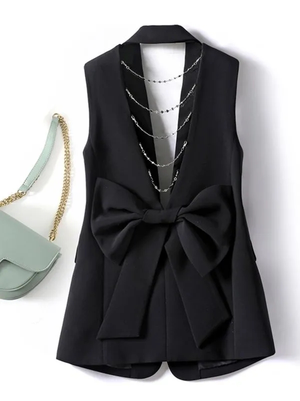 European-Style Heavy-Duty Suit Vest for Women, Spring and Summer, Unique Design, Hollow Chain, Bow Tie, Black Sleeveless Vest, Trendy European-Style Heavy-Duty Suit Vest for Women, Spring and Summer, Unique Design, Hollow Chain, Bow Tie, Black Sleeveless Vest, Trendy