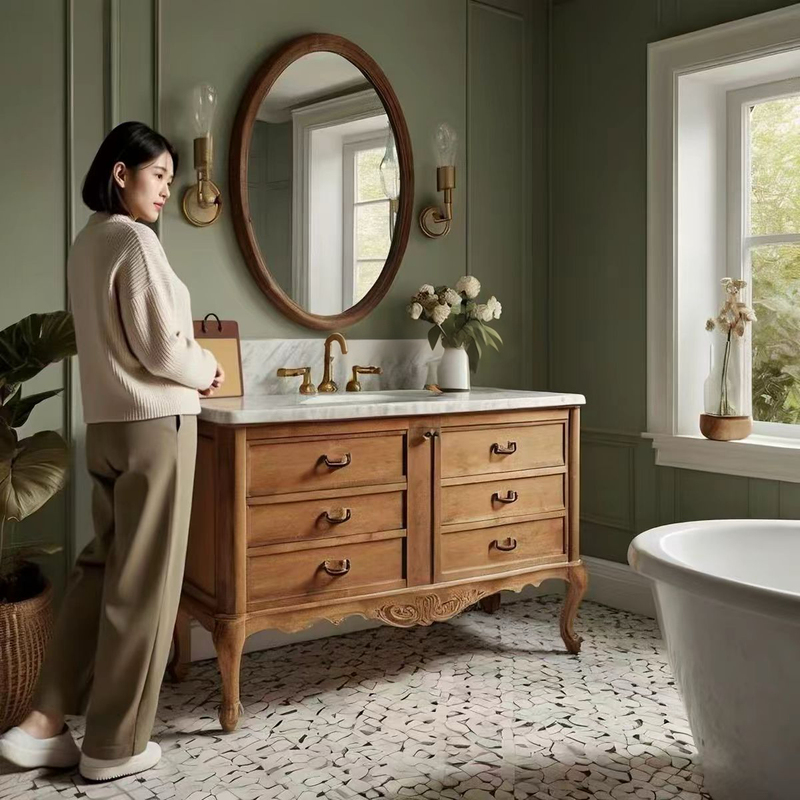 American-Style Retro Bathroom Cabinet Set with Solid Wood and Marble Washbasin Cabinet, Bathroom Washbasin, Lacquered Washstand