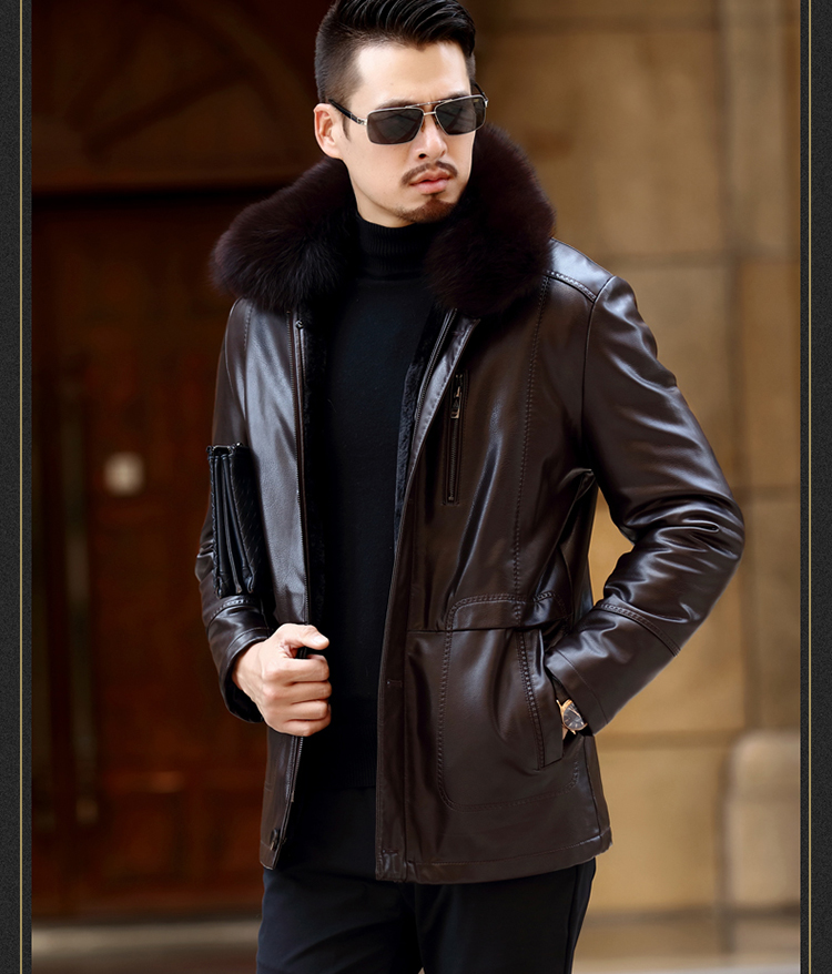 Haining dài fox fur collar fur một người đàn ông da của kinh doanh slim coat cha fur coat