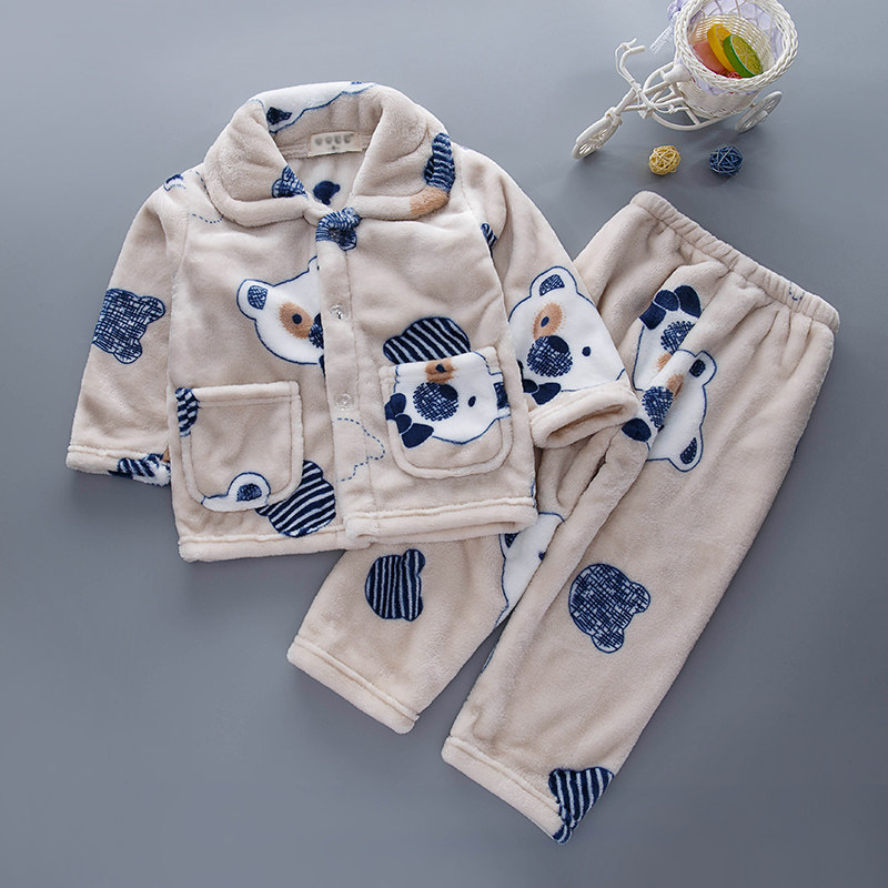 Child Flannel Sleepwear Autumn Winter Boy Boy Boy Girl Long Sleeve Coral Suede Suit Kid Baby's Home Dress