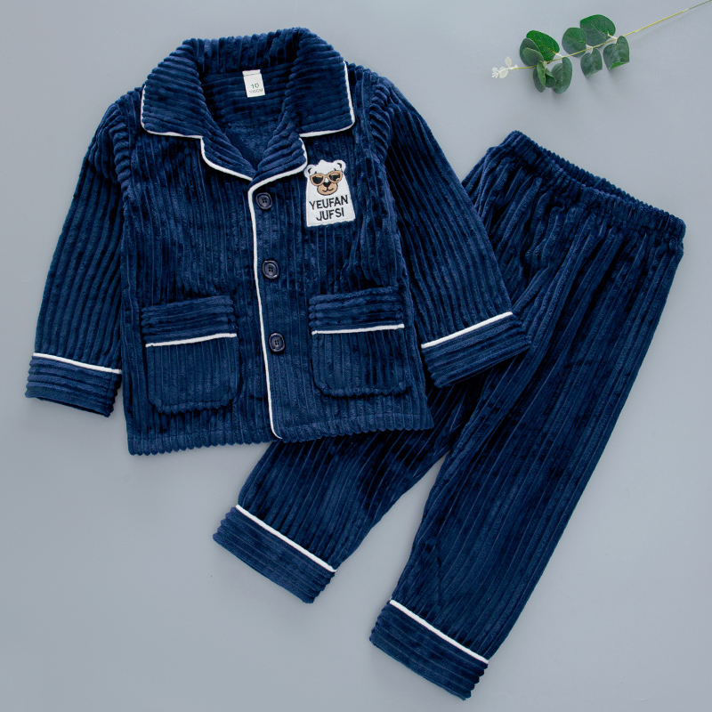 Boys pajamas autumn and winter flannel striped thick boy home wear kids baby kids coral fleece suit