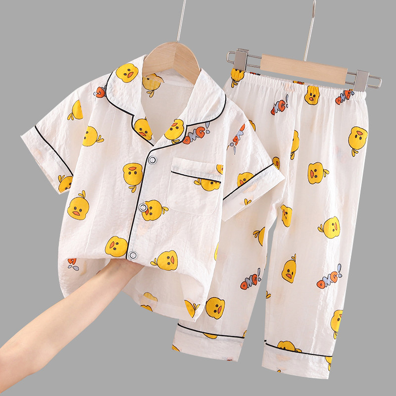 Child Pyjamas Summer Thin Cotton Boy Short Sleeve Long Pants Suit Cotton Yarn Girl Baby Air Conditioning Suit Home Clothing