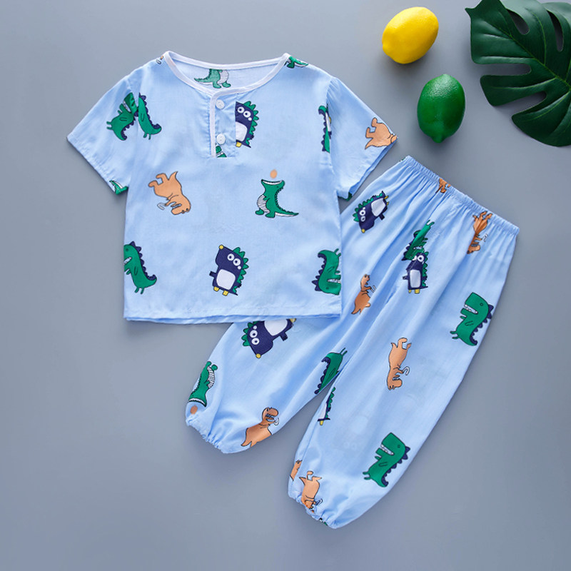 Summer Thin Cotton Silk Short Sleeves Long Pants Boy Girl Child Sleepwear Cotton Silk Male Pant Light Cage Pants Home Suit Suit