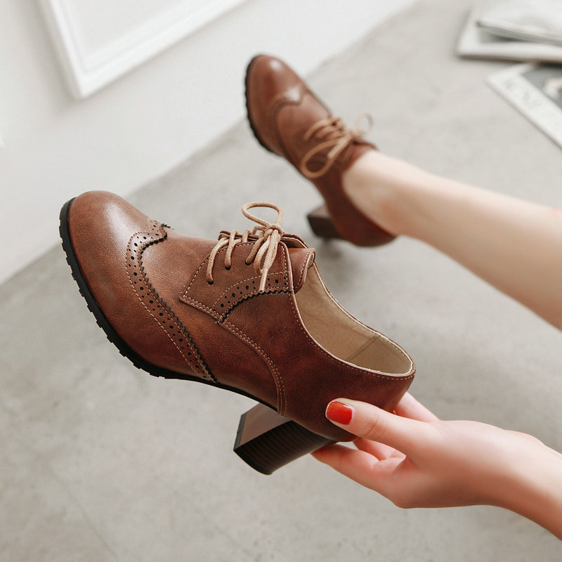 British Style Women's Shoes, New Foreign Trade Thick-Heeled High-Heeled Shoes, Brogue Shoes, Black Leather Shoes, Spring and Autumn High-Heeled Single Shoes for Women