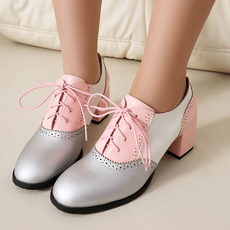 40-48Ebay Cross-Border Foreign Trade Aliexpress Spring and Autumn Floral Pattern Chunky Heel Brogue Lace-Up Color-Blocking Women's Shoes