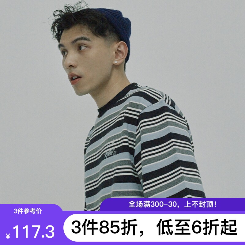 SAMESAME Summer loose 100 hitch Casual Printed Half Sleeve Striped T-shirt Male Tide Large Size Couple Round Collar Short Sleeves