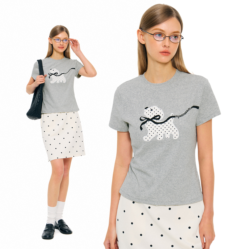 Mysamesame Polka Dot Puppy Bow Heavy Embroidery Short Sleeve T-Shirt Unisex Regular Shoulder Slimming Round Neck Versatile