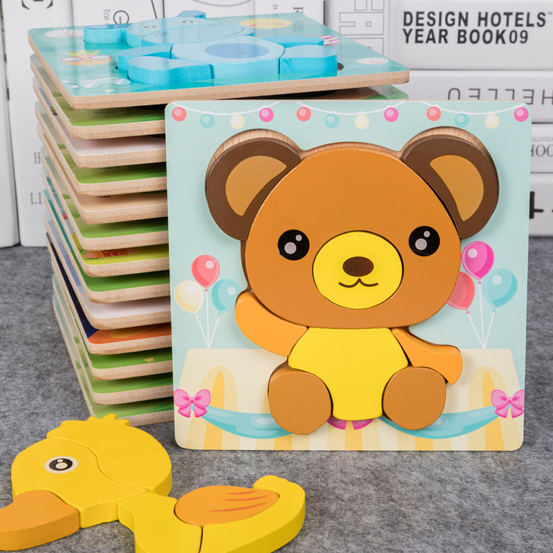Baby Boy Cartoon 3D Solid Puzzle Wood 1 Baby Early Teaching Assembled Puzzle Toy 2-3 Year Old Boy Girl