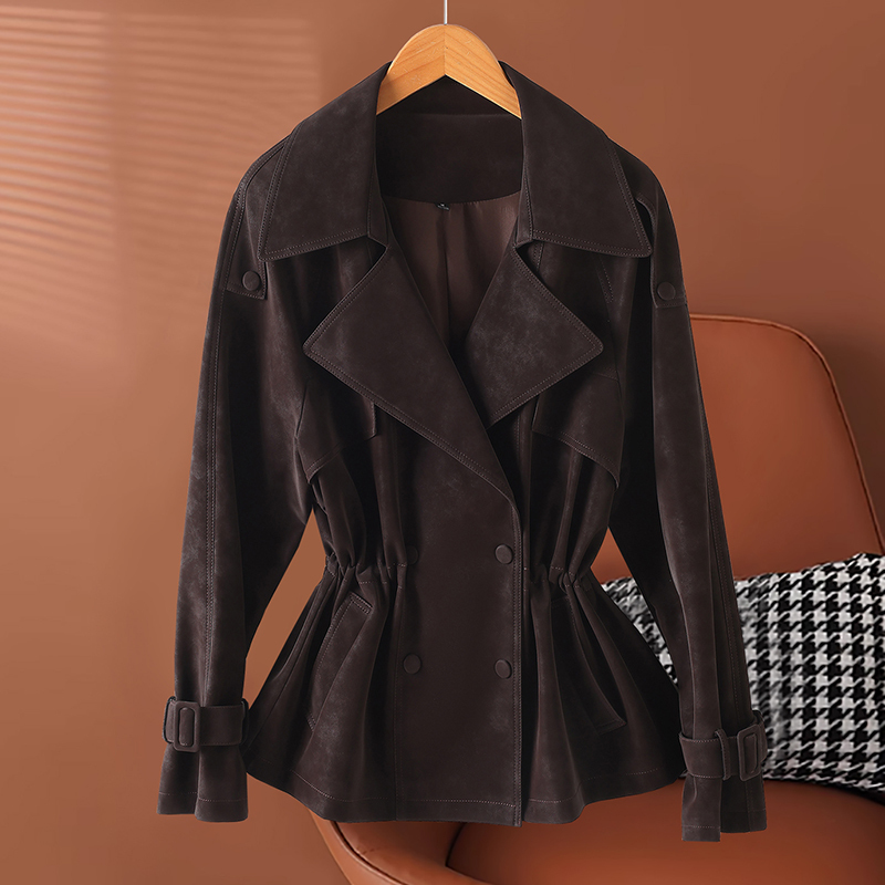 Suede Leather Jacket for Women, Short, Loose, Slimming, Suede Jacket, Retro Waist-Cinching Leather Trench Coat, Casual Jacket Suede Leather Jacket for Women, Short, Loose, Slimming, Suede Jacket, Retro Waist-Cinching Leather Trench Coat, Casual Jacket