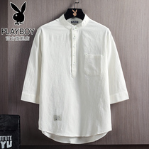 Playboy mens short sleeve shirt summer thin Korean version of the trend stand collar seven points shirt mens casual clothes