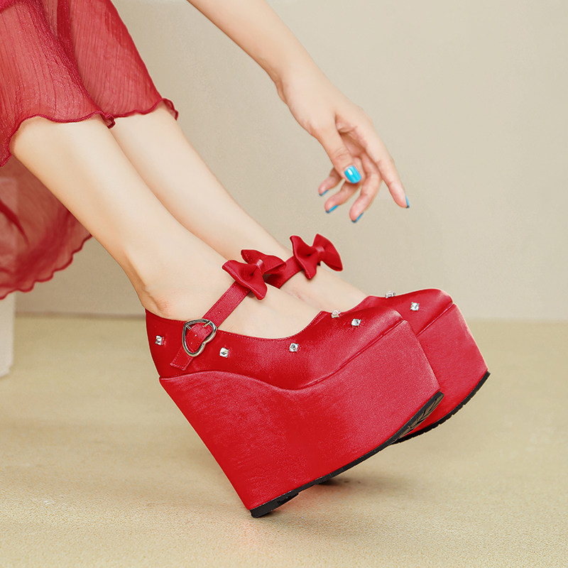 Giày cao gót nữ đế xuồng platform màu đỏ pha lê, gót 15 cm, phong cách Trung Hoa — Mơ 10cm, Mơ 15cm, Đỏ 10cm, Đỏ 15cm chi tiết 13