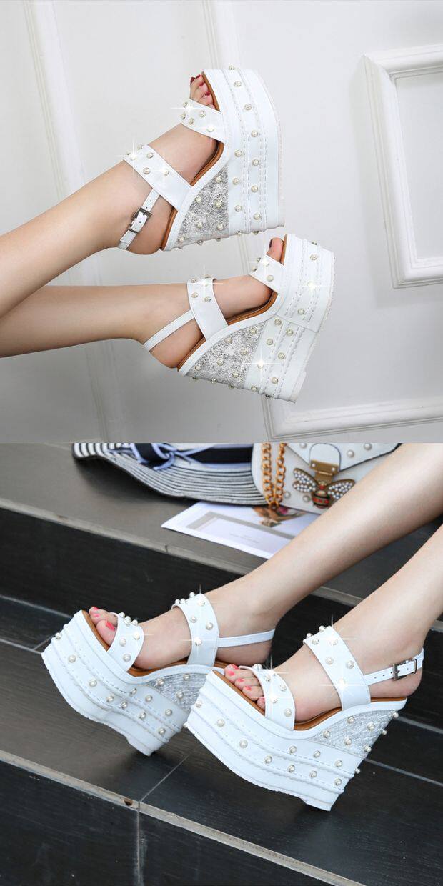 Sandal nữ cao gót 16 cm dây chữ T hở mũi đính ngọc trai có khóa — Trắng, quả mơ, đen chi tiết 7