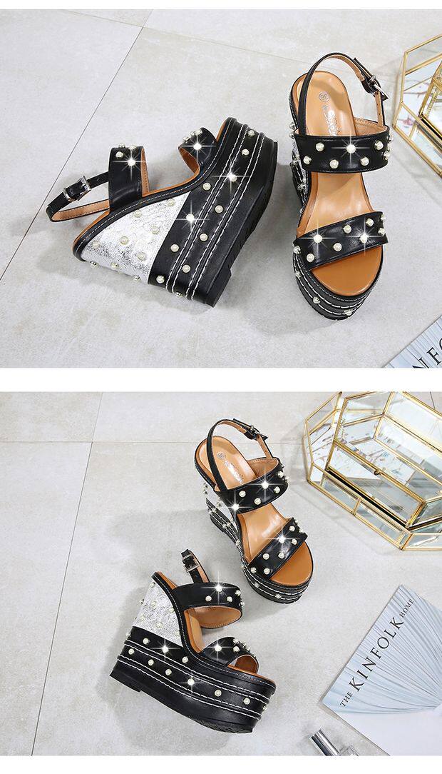 Sandal nữ cao gót 16 cm dây chữ T hở mũi đính ngọc trai có khóa — Trắng, quả mơ, đen chi tiết 2