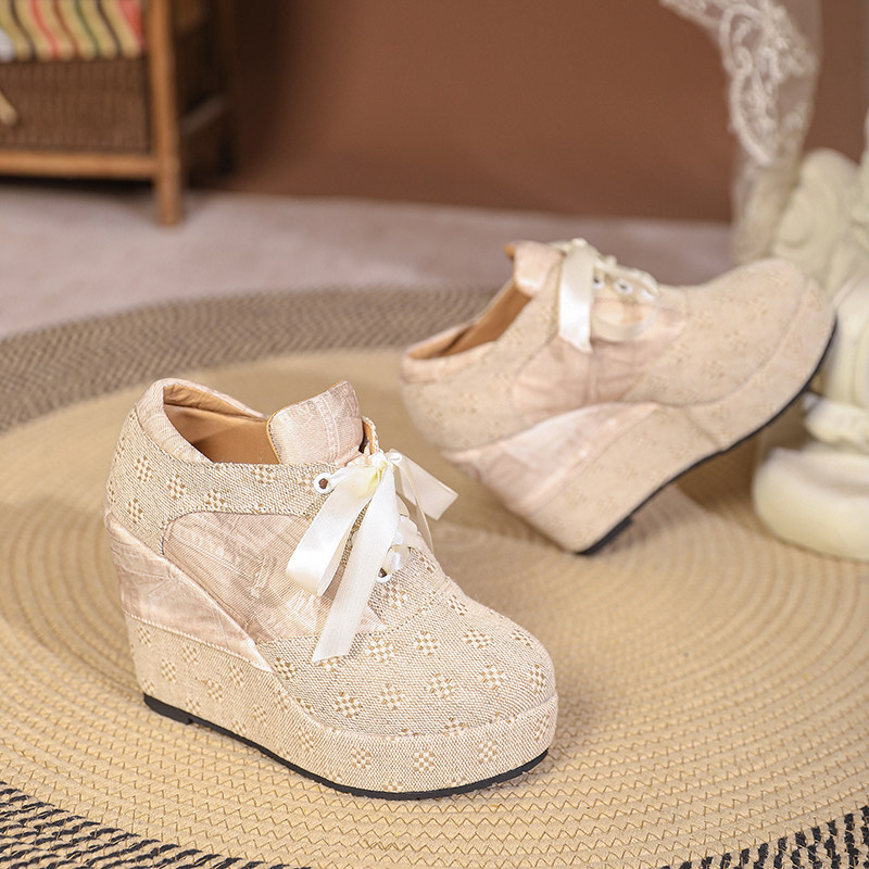 Giày cao gót nữ đế xuồng platform buộc dây, gót 15 cm — Mơ 10cm, Mơ 15cm chi tiết 2