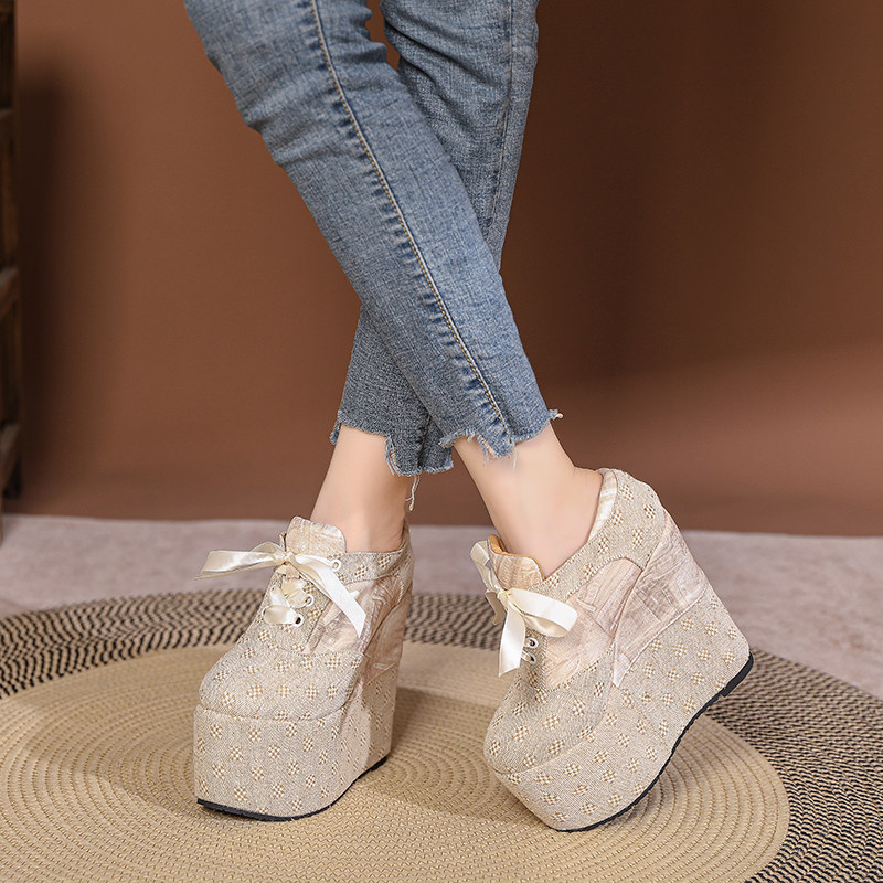 Giày cao gót nữ đế xuồng platform buộc dây, gót 15 cm — Mơ 10cm, Mơ 15cm chi tiết 16