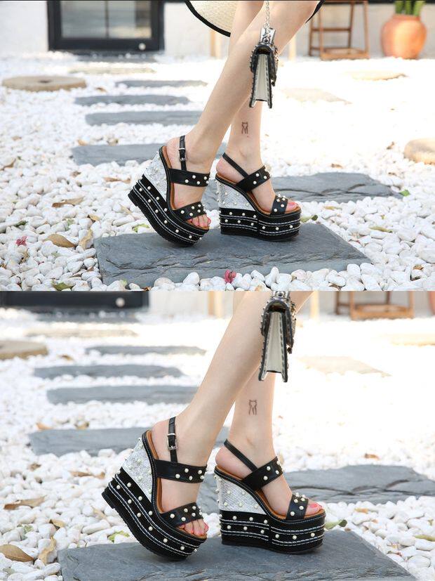 Sandal nữ cao gót 16 cm dây chữ T hở mũi đính ngọc trai có khóa — Trắng, quả mơ, đen chi tiết 11