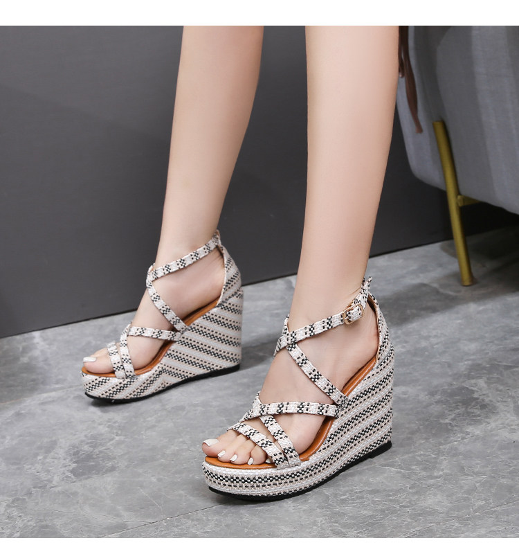 Sandal đế xuồng cao gót nữ hở mũi quai chéo, gót 10-15cm — Đen trắng 10cm, Đen trắng 15cm chi tiết 31