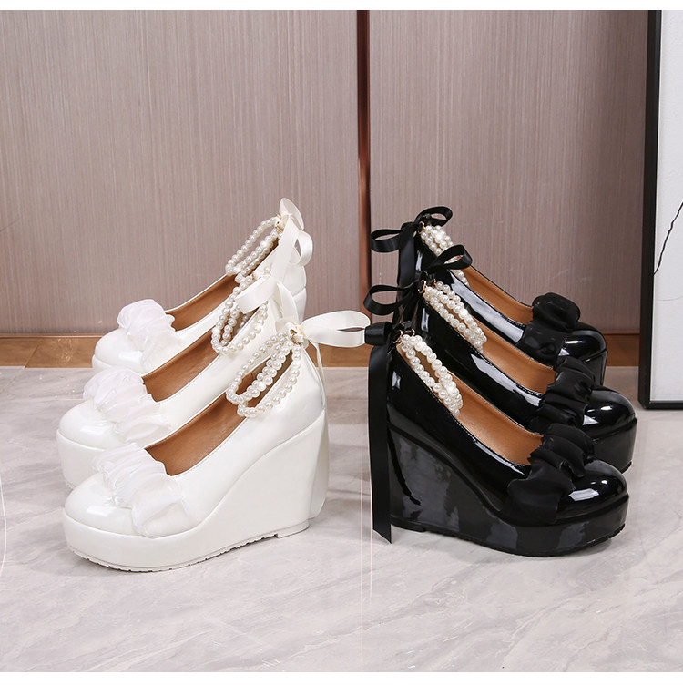 Sandal platform nữ dạ tiệc đính ngọc trai phong cách Pháp, đế xuồng siêu cao gót Mary Jane — Trắng 10cm, Trắng 12cm, Trắng 15cm, Đen 10cm chi tiết 25