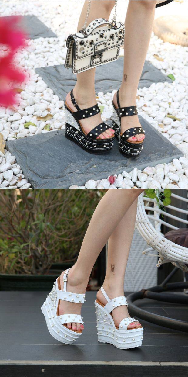 Sandal nữ cao gót 16 cm dây chữ T hở mũi đính ngọc trai có khóa — Trắng, quả mơ, đen chi tiết 13
