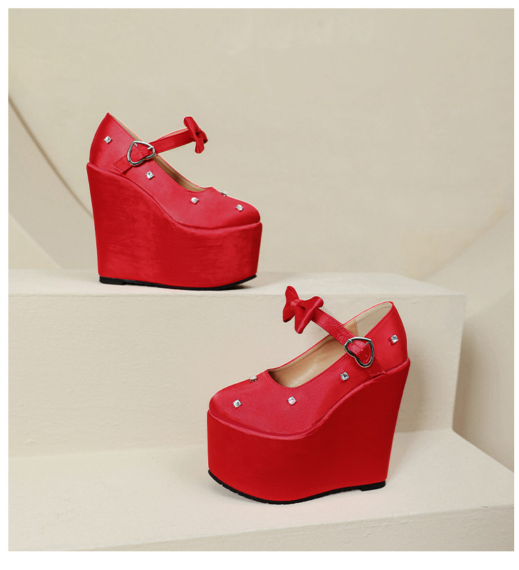 Giày cao gót nữ đế xuồng platform màu đỏ pha lê, gót 15 cm, phong cách Trung Hoa — Mơ 10cm, Mơ 15cm, Đỏ 10cm, Đỏ 15cm chi tiết 39