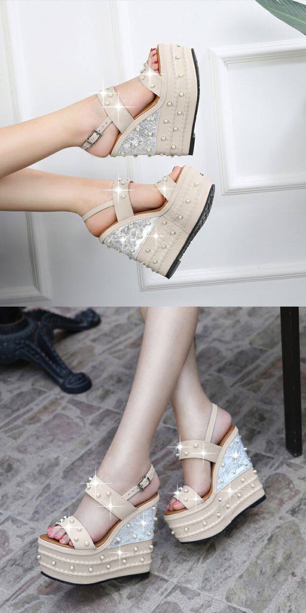 Sandal nữ cao gót 16 cm dây chữ T hở mũi đính ngọc trai có khóa — Trắng, quả mơ, đen chi tiết 6