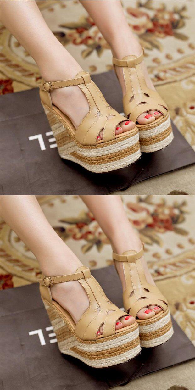 Sandal cao gót nữ phong cách dân tộc, đế espadrille dày, quai La Mã — kaki, nâu, đen chi tiết 21