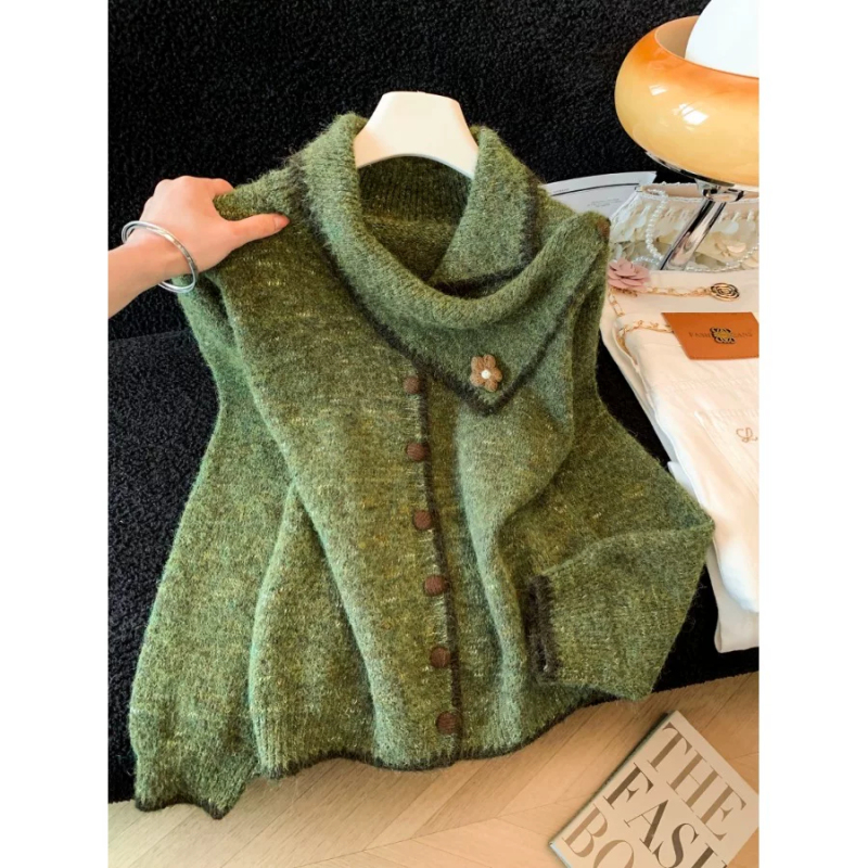 New Style Gentle Color-Blocking Design Large Lapel Long-Sleeve Top Women's Autumn Simple Three-Dimensional Floral Knitted Sweater New Style Gentle Color-Blocking Design Large Lapel Long-Sleeve Top Women's Autumn Simple Three-Dimensional Floral Knitted Sweater