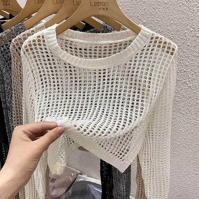 White Mesh Cover-Up Women's T-Shirt, New Summer Style, Trendy Design, Niche Short Sun-Protective Hollow-Out Knit Top