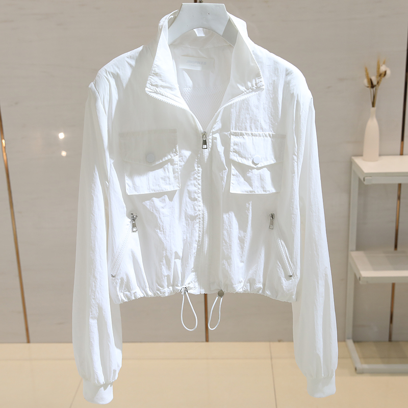 White Sun Protection Jacket for Women, Long-Sleeved, 2025 Spring/Summer New Style, American Drawstring Workwear Short Jacket, Cardigan Top, Trendy White Sun Protection Jacket for Women, Long-Sleeved, 2025 Spring/Summer New Style, American Drawstring Workwear Short Jacket, Cardigan Top, Trendy