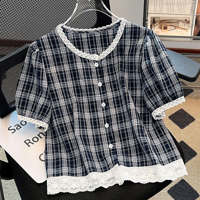 Plaid Short-Sleeved Shirt for Women 2026 Summer New Style Lace-Trimmed Puff-Sleeved Short Top Loose and Stylish Shirt