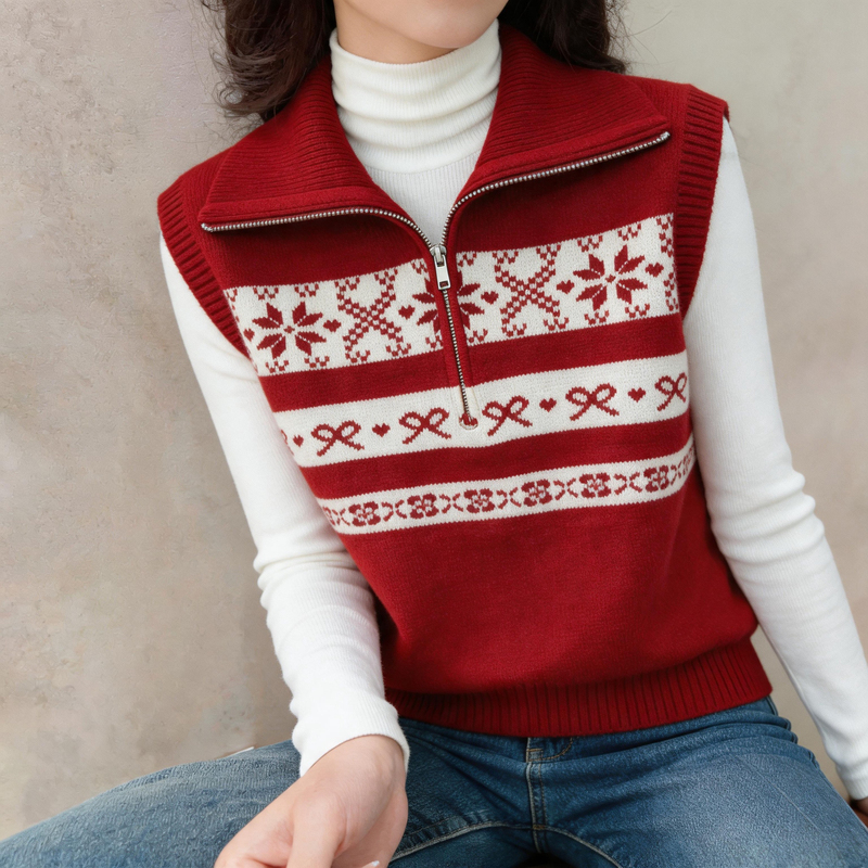 Red Large Lapel Zipper Jacquard Knitted Sweater Vest for Women 2026 Autumn and Winter Outerwear Vest Layered Top