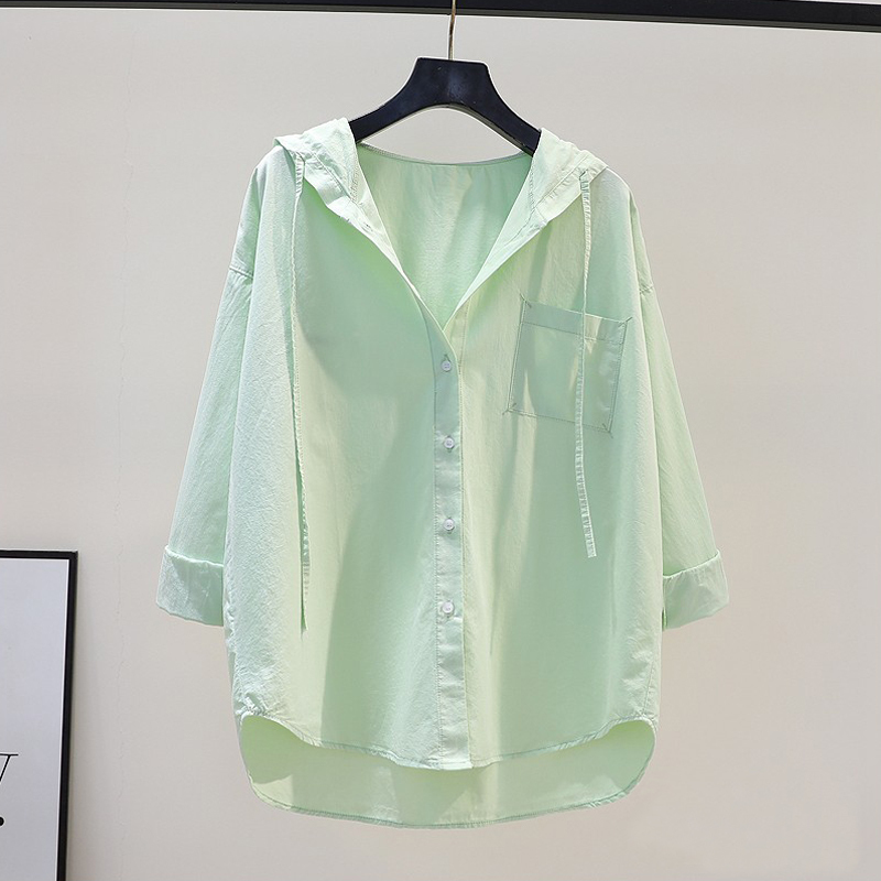 Fresh and Simple Hooded Shirt for Women, Sun Protection Shirt, 2025 Spring and Summer, Loose Long-Sleeved Casual Pure Cotton Shirt, Cardigan, Trendy