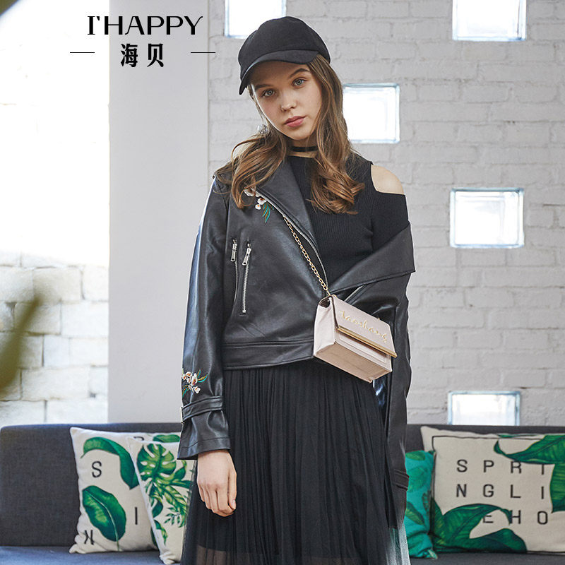 Haibei 2018 mùa thu mới phù hợp với phụ nữ cổ áo dài tay áo PU leather thêu ngắn màu đen áo khoác da áo khoác