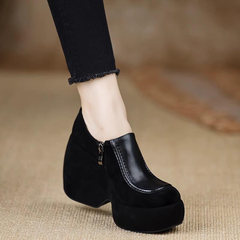 Genuine Leather Handmade Women's Shoes 10cm Wedge Heel 2025 Spring and Autumn New Style Single Shoes Waterproof Platform Zipper Wedge Heel Soft Cowhide Black Genuine Leather Handmade Women's Shoes 10cm Wedge Heel 2025 Spring and Autumn New Style Single Shoes Waterproof Platform Zipper Wedge Heel Soft Cowhide Black