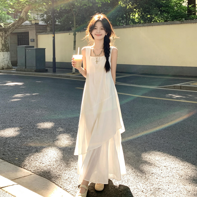 French-Style Gentle Dress for Women, White Elegant Tank Dress, 2026 New Model, Very Pretty Summer Long Dress