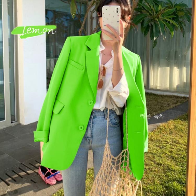 Chic Fluorescent Green Blazer for Women, High-End, Eye-Catching, Korean Style, Workwear, Casual, 2025 Spring Small Suit Jacket