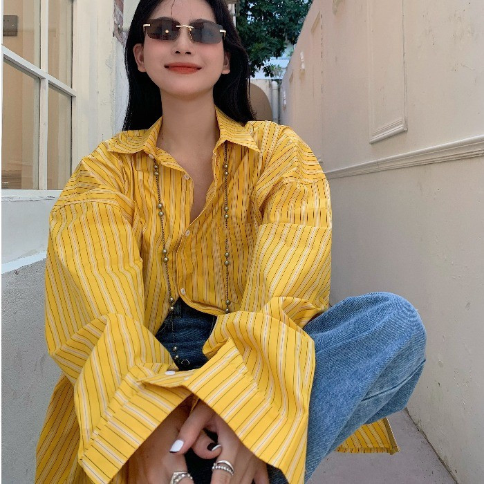 Spring and Autumn New Korean Style Design, Chic and Unique French Niche Light Yellow Loose Versatile Striped Shirt for Women Trendy
