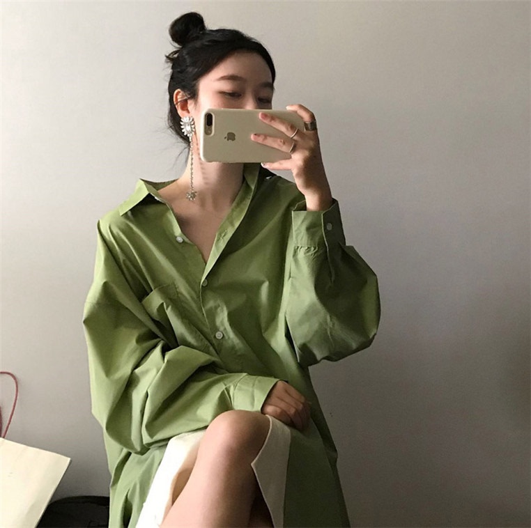 Spring Avocado Green Women's Shirt, Lazy Style, Loose Fit, Versatile, Slimming, Long-Sleeved, Retro Hong Kong Style Shirt