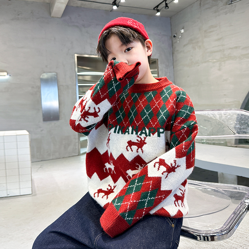 Boys' Sweater, Autumn and Winter Thickened 2026 New Model, Christmas Winter Fleece-Lined Red Medium and Large Children's Base Knitwear Boys' Sweater, Autumn and Winter Thickened 2026 New Model, Christmas Winter Fleece-Lined Red Medium and Large Children's Base Knitwear