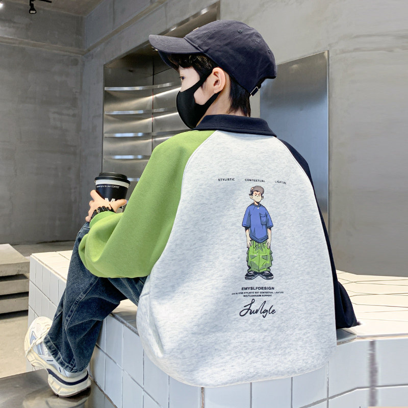 男の子用春秋ポロシャツとスウェットシャツ、2026年春の新作コレクション、純綿、春のTシャツ、大きなお子様向けのトレンディなトップス。