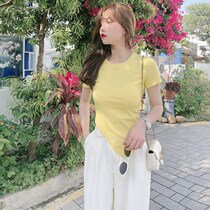 JUST CC Kaka womens official flagship Hong Kong taste simple and versatile lower angle irregular inner knitted short-sleeved T-shirt