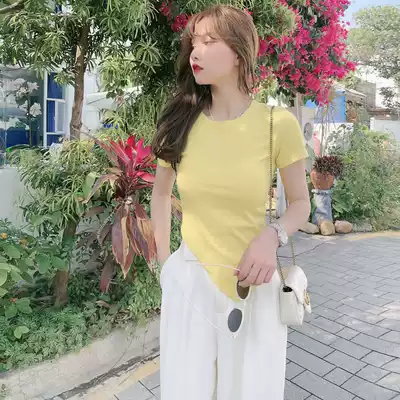 JUST CC Kaka women's official flagship port flavor simple Joker lower corner irregular inner knit short sleeve t-shirt